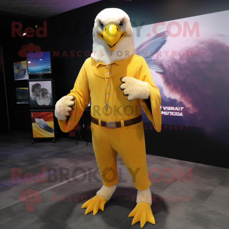 Yellow Bald Eagle mascot costume character dressed with a Jumpsuit and Shawl pins Yellow Bald Eagle mascot costume character dressed with a Jumpsuit and Shawl pins