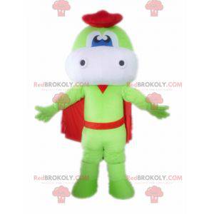 Green and white dragon mascot with a cape and a beret -