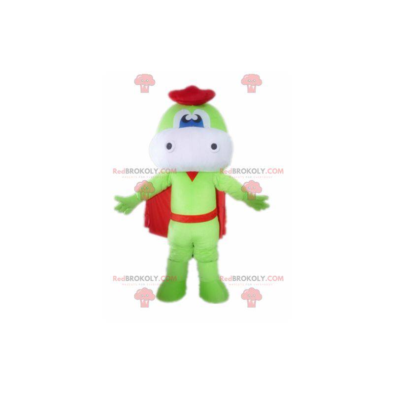 Green and white dragon mascot with a cape and a beret -