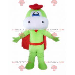 Green and white dragon mascot with a cape and a beret -