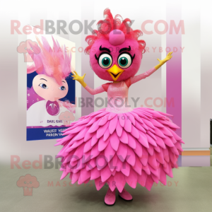 Pink Peacock mascot costume character dressed with a Ball Gown and Hair clips