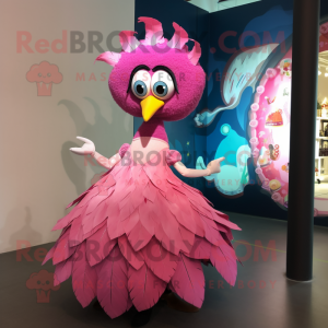 Pink Peacock mascot costume character dressed with a Ball Gown and Hair clips