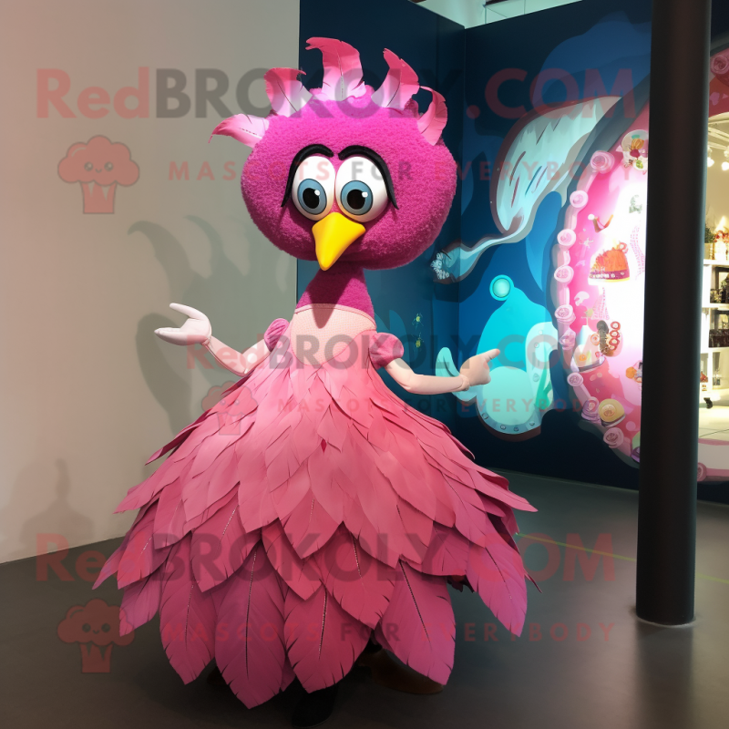 Pink Peacock mascot costume character dressed with a Ball Gown and Hair clips Pink Peacock mascot costume character dressed with a Ball Gown and Hair clips