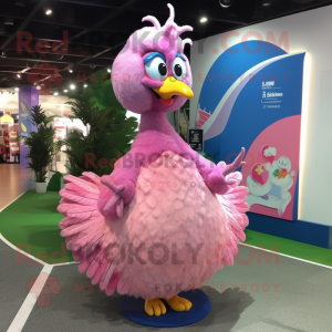 Pink Peacock mascot costume character dressed with a Ball Gown and Hair clips