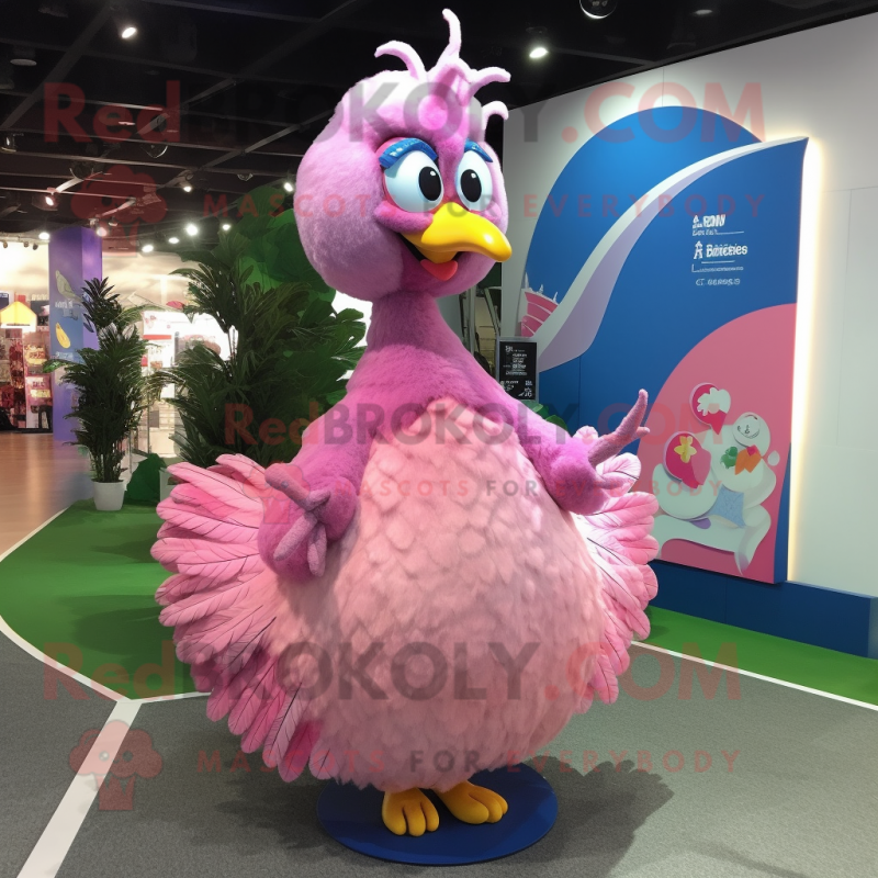 Pink Peacock mascot costume character dressed with a Ball Gown and Hair clips Pink Peacock mascot costume character dressed with a Ball Gown and Hair clips