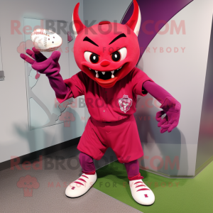 Magenta Devil mascot costume character dressed with a Baseball Tee and Clutch bags