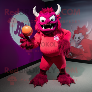 Magenta Devil mascot costume character dressed with a Baseball Tee and Clutch bags