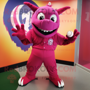 Magenta Devil mascot costume character dressed with a Baseball Tee and Clutch bags