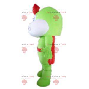 Green and white dragon mascot with a cape and a beret -