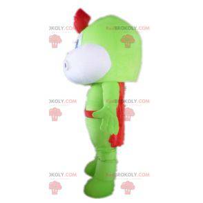 Green and white dragon mascot with a cape and a beret -