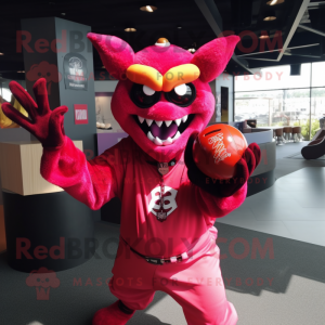 Magenta Devil mascot costume character dressed with a Baseball Tee and Clutch bags