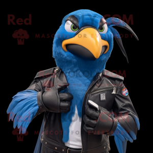 Blue Toucan mascot costume character dressed with a Biker Jacket and Headbands
