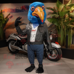 Blue Toucan mascot costume character dressed with a Biker Jacket and Headbands