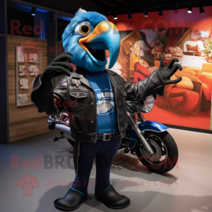 Blue Toucan mascot costume character dressed with a Biker Jacket and Headbands