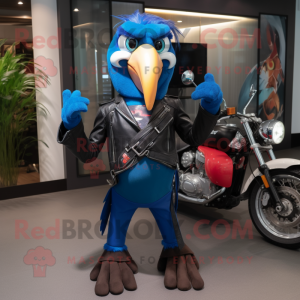 Blue Toucan mascot costume character dressed with a Biker Jacket and Headbands