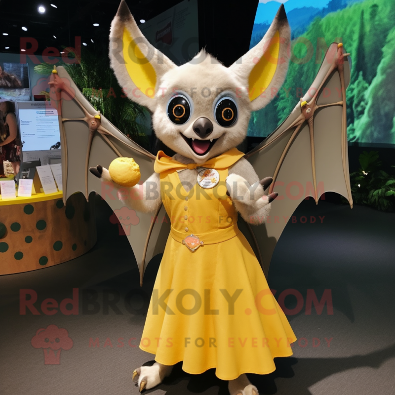 Yellow Fruit Bat mascot costume character dressed with a Pleated Skirt and Watches Yellow Fruit Bat mascot costume character dressed with a Pleated Skirt and Watches