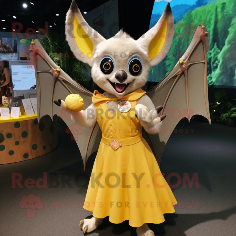 Yellow Fruit Bat mascot costume character dressed with a Pleated Skirt and Watches