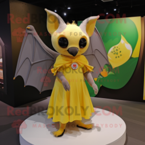 Yellow Fruit Bat mascot costume character dressed with a Pleated Skirt and Watches