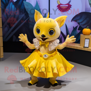 Yellow Fruit Bat mascot costume character dressed with a Pleated Skirt and Watches