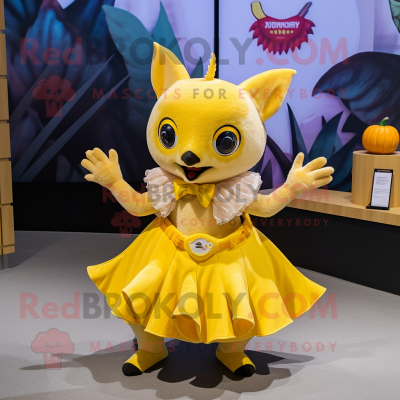 Yellow Fruit Bat mascot costume character dressed with a Pleated Skirt and Watches Yellow Fruit Bat mascot costume character dressed with a Pleated Skirt and Watches