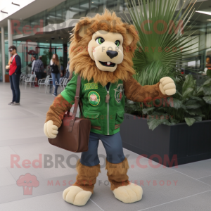 Forest Green Tamer Lion mascot costume character dressed with a Moto Jacket and Briefcases