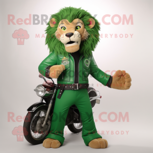 Forest Green Tamer Lion mascot costume character dressed with a Moto Jacket and Briefcases