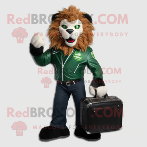 Forest Green Tamer Lion mascot costume character dressed with a Moto Jacket and Briefcases