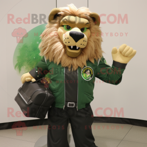 Forest Green Tamer Lion mascot costume character dressed with a Moto Jacket and Briefcases