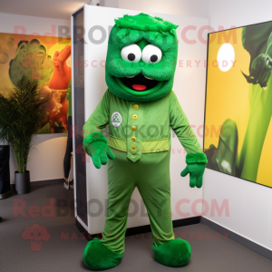 Forest Green Goulash mascot costume character dressed with a Jumpsuit and Tie pins