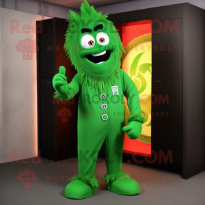 Forest Green Goulash mascot costume character dressed with a Jumpsuit and Tie pins