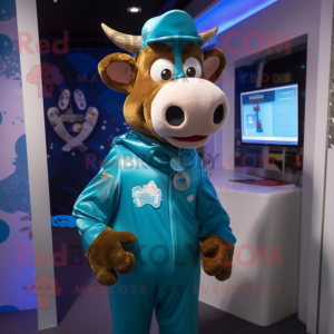 Turquoise Guernsey Cow mascot costume character dressed with a Romper and Coin purses