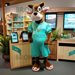 Turquoise Guernsey Cow mascot costume character dressed with a Romper and Coin purses