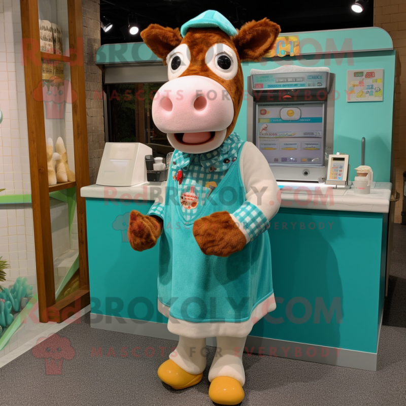 Turquoise Guernsey Cow mascot costume character dressed with a Romper and Coin purses