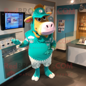 Turquoise Guernsey Cow mascot costume character dressed with a Romper and Coin purses