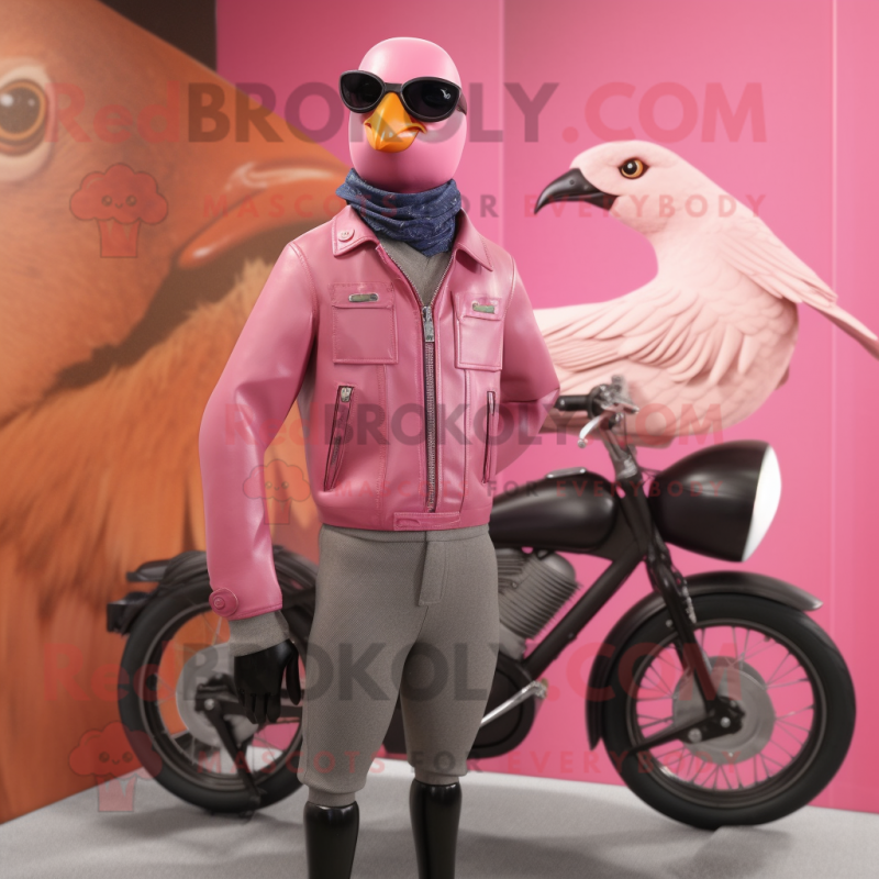 Pink Passenger Pigeon mascot costume character dressed with a Biker Jacket and Eyeglasses