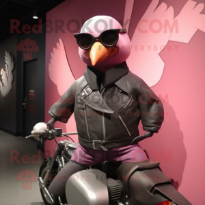 Pink Passenger Pigeon mascot costume character dressed with a Biker Jacket and Eyeglasses