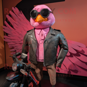 Pink Passenger Pigeon mascot costume character dressed with a Biker Jacket and Eyeglasses