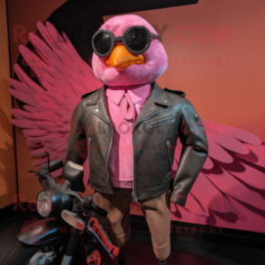Pink Passenger Pigeon mascot costume character dressed with a Biker Jacket and Eyeglasses
