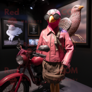 Pink Passenger Pigeon mascot costume character dressed with a Biker Jacket and Eyeglasses