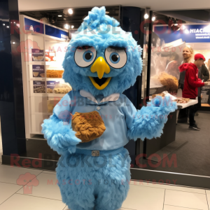 Sky Blue Fried Chicken mascot costume character dressed with a Oxford Shirt and Handbags