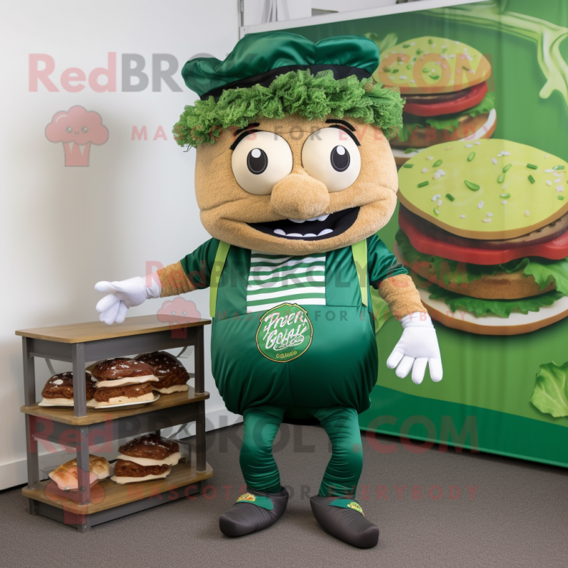 Forest Green Pulled Pork Sandwich mascot costume character dressed with a Playsuit and Cummerbunds Forest Green Pulled Pork Sandwich mascot costume character dressed with a Playsuit and Cummerbunds