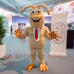 Beige Lobster mascot costume character dressed with a Suit Pants and Tie pins