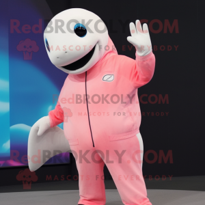 Pink Beluga Whale mascot costume character dressed with a Jacket and Gloves