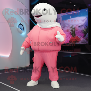 Pink Beluga Whale mascot costume character dressed with a Jacket and Gloves