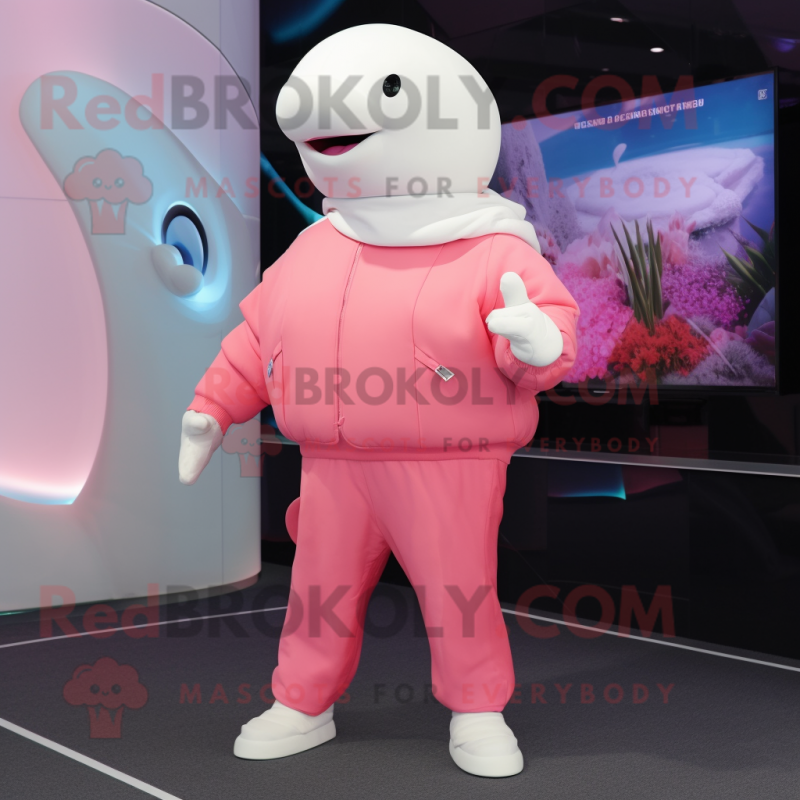 Pink Beluga Whale mascot costume character dressed with a Jacket and Gloves Pink Beluga Whale mascot costume character dressed with a Jacket and Gloves