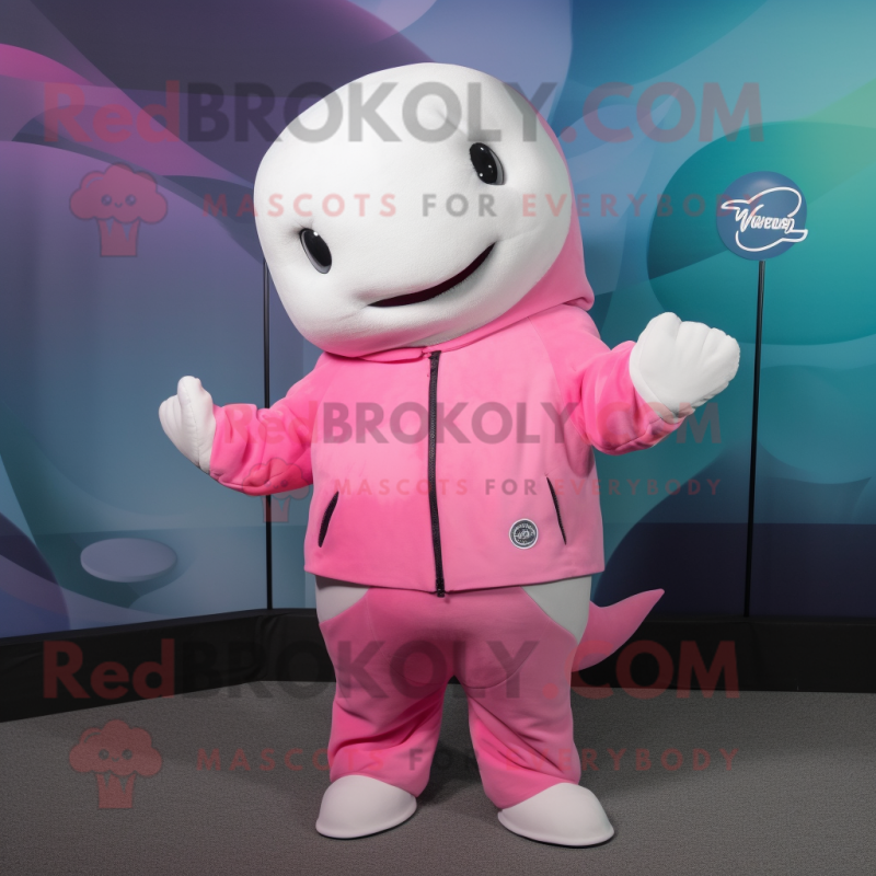 Pink Beluga Whale mascot costume character dressed with a Jacket and Gloves