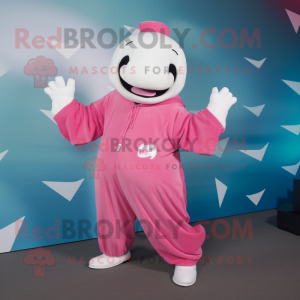 Pink Beluga Whale mascot costume character dressed with a Jacket and Gloves