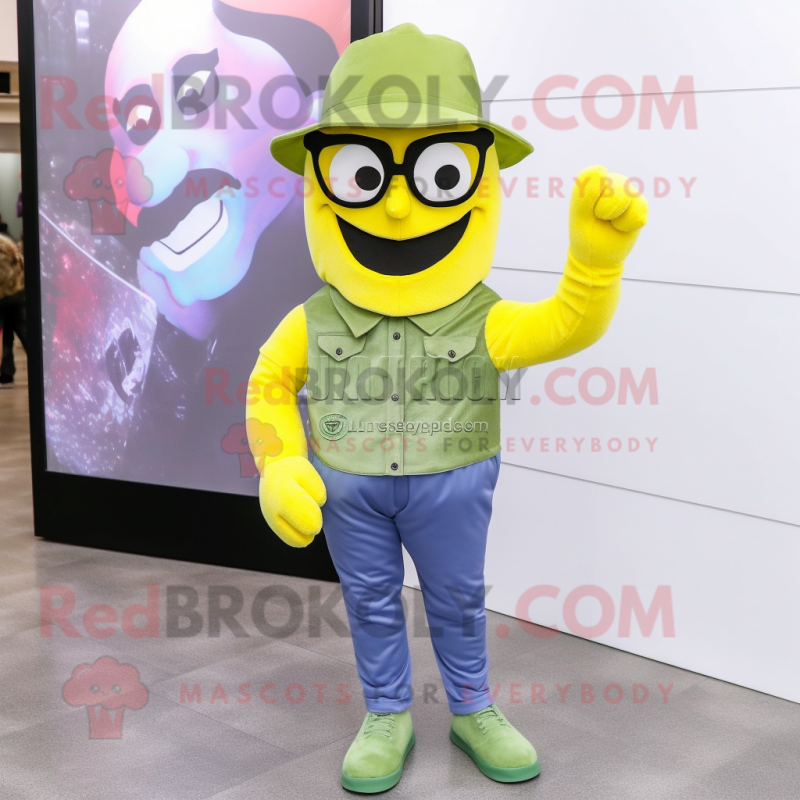 Lemon Yellow Green Beret mascot costume character dressed with a Boyfriend Jeans and Eyeglasses