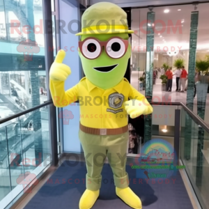 Lemon Yellow Green Beret mascot costume character dressed with a Boyfriend Jeans and Eyeglasses