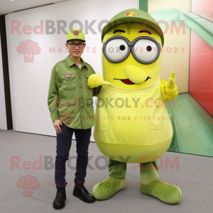 Lemon Yellow Green Beret mascot costume character dressed with a Boyfriend Jeans and Eyeglasses